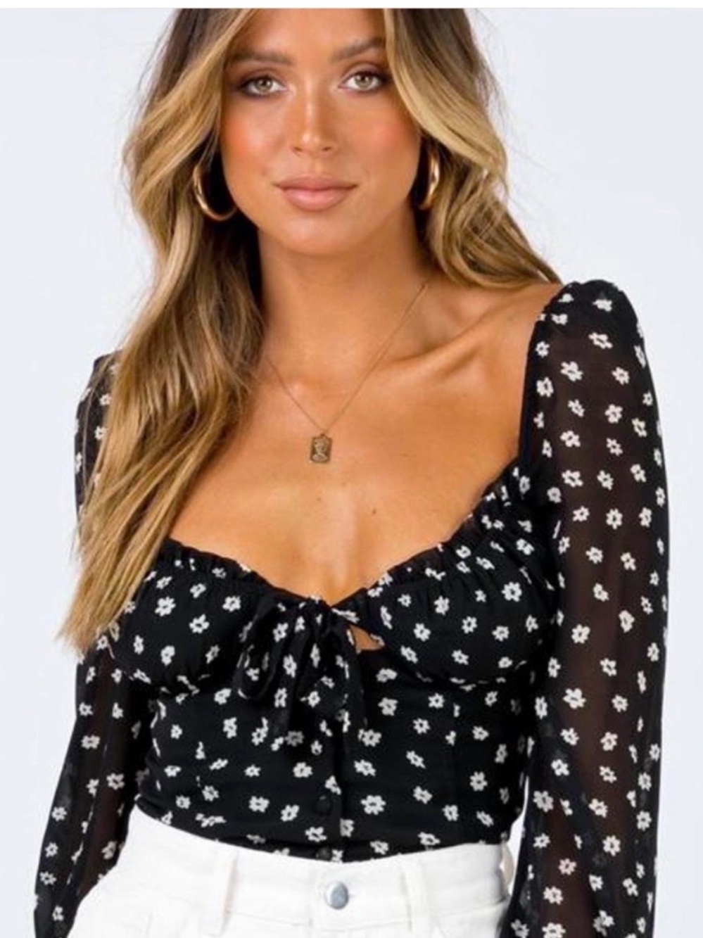 Princess Polly Black Floral Tie-Front Square Neck Blouse